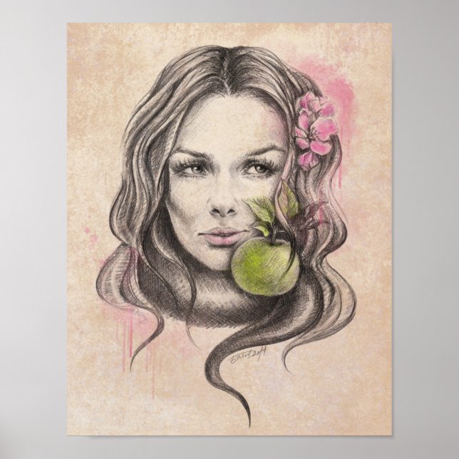 Woman portrait with apple and blossom Surreal art Poster (Front)