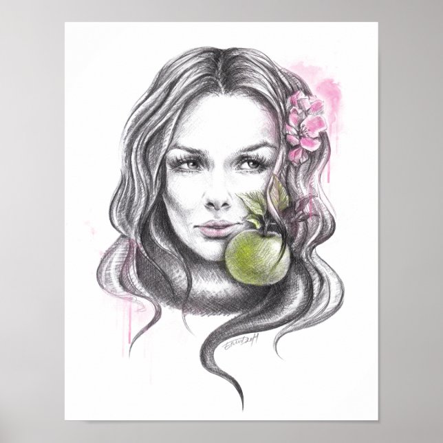 Woman portrait with apple and blossom Surreal art Poster (Front)