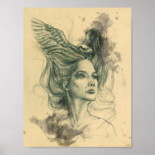 Woman portrait with bird skull and wings Poster