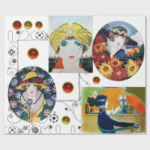 WOMAN PORTRAITS ,ART DECO BEAUTY FASHION COSTUME WRAPPING PAPER