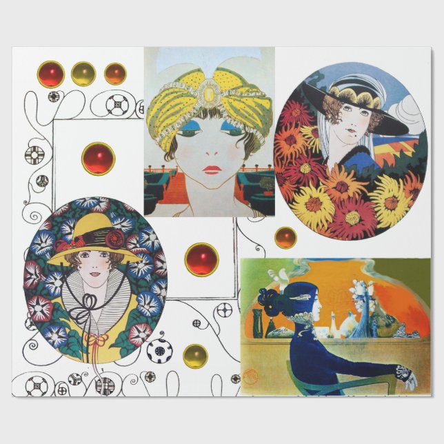 WOMAN PORTRAITS ,ART DECO BEAUTY FASHION COSTUME WRAPPING PAPER (Flat)