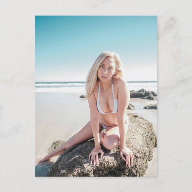 Woman Posing On Beach Rock In White Bikini Holiday Postcard (Front)