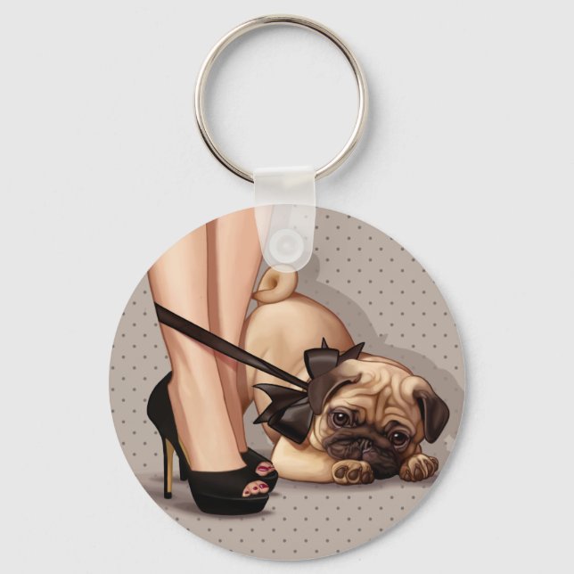 Woman & Pug Puppy Key Ring (Front)