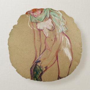 Woman Pulling Up her Stocking, 1894 (oil on card) Round Cushion