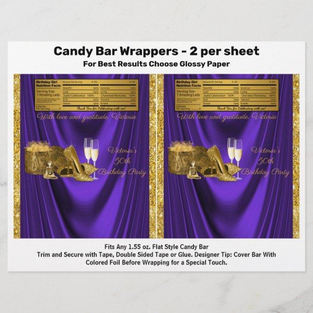 Woman Purple Gold Birthday Party Candy Bar Wrapper (Front)
