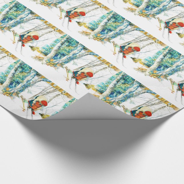 Woman Putting on Her Skis Wrapping Paper (Corner)