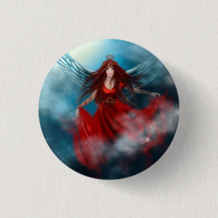Woman queen with wings in red dress in clouds 3 cm round badge