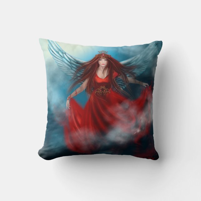 Woman queen with wings in red dress in clouds cushion (Front)