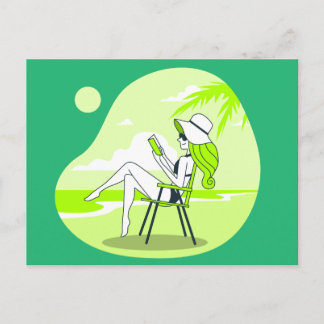 Woman Reading Book and Relaxing on the Beach Postcard