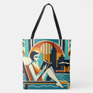 Woman Reading Book Poolside Art Deco Design Tote Bag