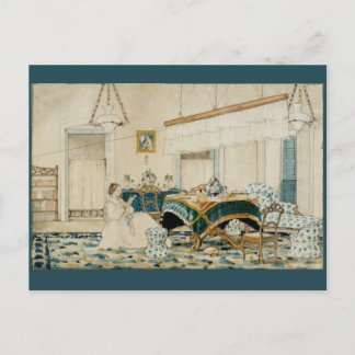 Woman Reading Books Vintage Watercolor Postcard