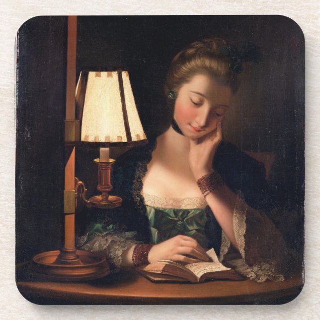 Woman Reading by a Paper-bell Shade, 1766 (oil on Coaster (Front)