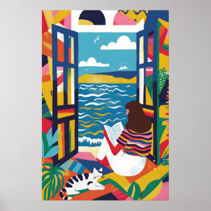 Woman Reading by Sea Art Print Colourful Cat Wall