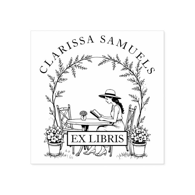 Woman Reading Garden Table Flowers Hat Ex Libris Rubber Stamp (Imprint)