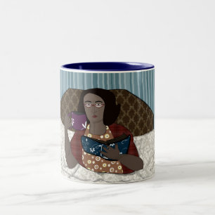 Woman reading in bed Two-Tone coffee mug