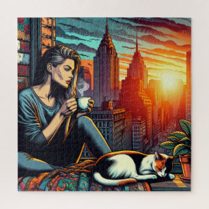 Woman Reading in City Window with Cat and Coffee Jigsaw Puzzle
