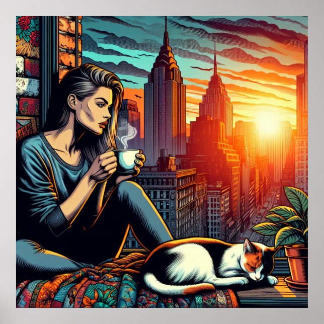 Woman Reading in City Window with Cat and Coffee Poster (Front)
