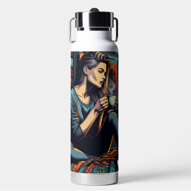 Woman Reading in City Window with Cat and Coffee Water Bottle (Front)