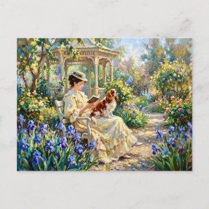 Woman Reading in Garden with Cavalier Spaniel Postcard