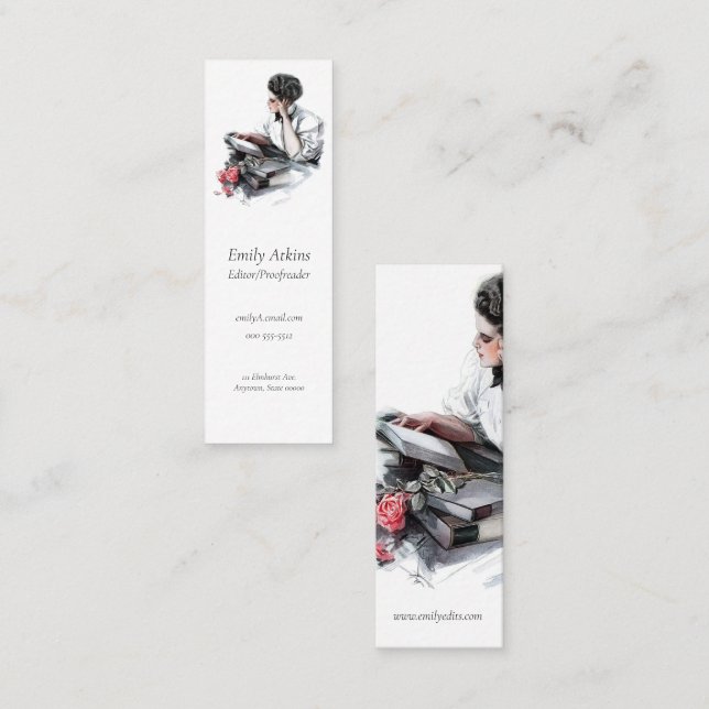Woman reading mini business card (Front/Back)