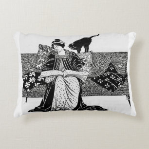 Woman reading with cat decorative cushion