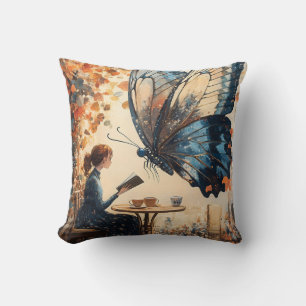 Woman Reading with Giant Butterfly Abstract Art Cushion