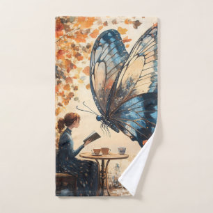 Woman Reading with Giant Butterfly Abstract Art Hand Towel
