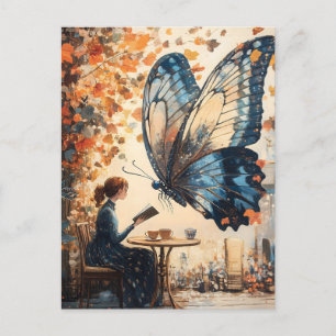 Woman Reading with Giant Butterfly Abstract Art Holiday Postcard