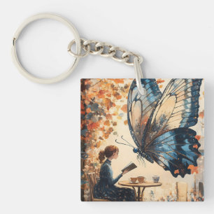 Woman Reading with Giant Butterfly Abstract Art Key Ring
