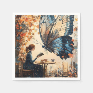 Woman Reading with Giant Butterfly Abstract Art Napkin