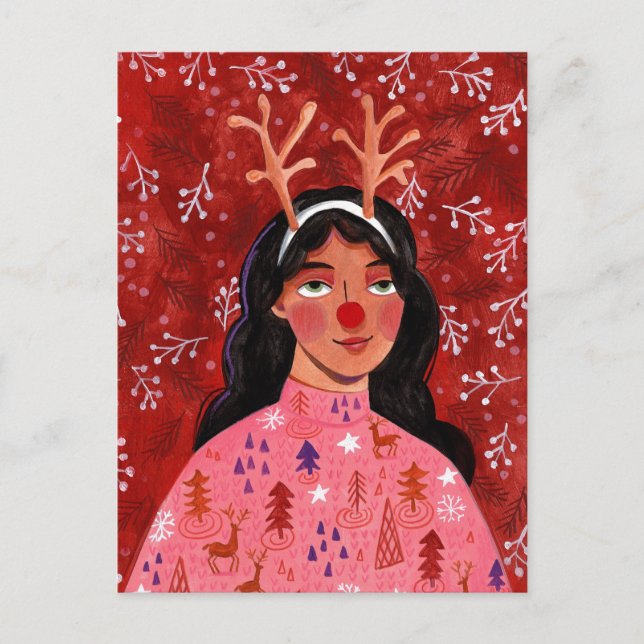Woman red Christmas festive reindeer  Holiday Postcard (Front)