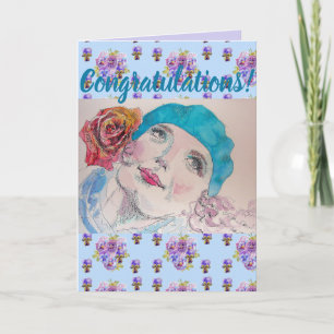 Woman Red Rose Floral Conrgatulations art Card