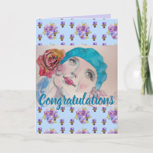 Woman Red Rose Floral Conrgatulations art Card