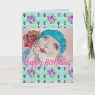 Woman Red Rose Floral Happy Birthday art Card