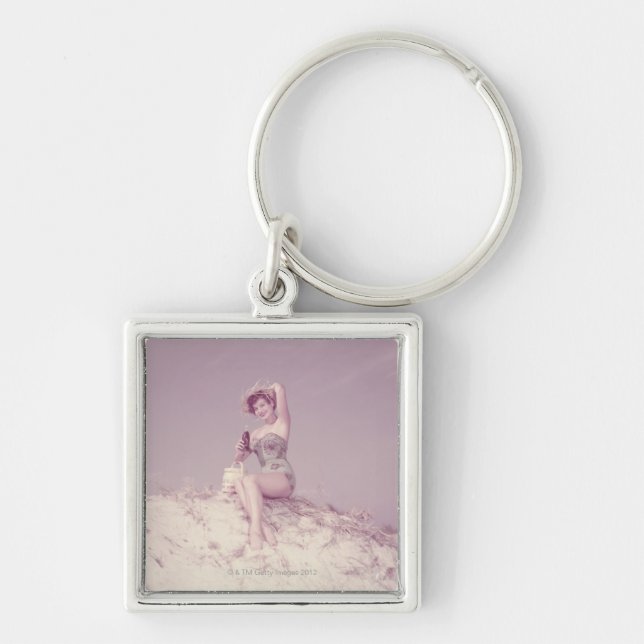 Woman Relaxing on Beach Key Ring (Front)