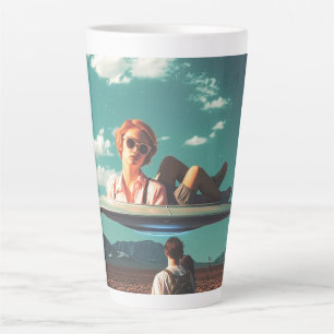 Woman Relaxing on UFO in Desert Latte Mug