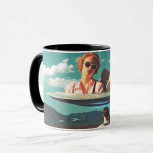 Woman Relaxing on UFO in Desert Mug