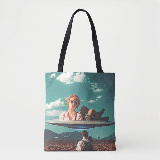 Woman Relaxing on UFO in Desert Tote Bag (Front)