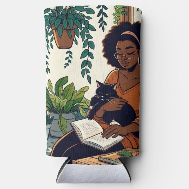 Woman Relaxing with her cat, book and plants Seltzer Can Cooler (Front)