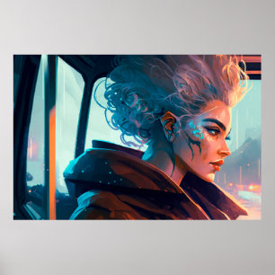 Woman Riding a Bus in a City of the Future Poster