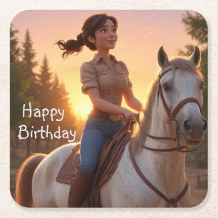 Woman Riding Horse Square Paper Coaster