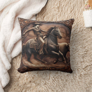 Woman Roping Cattle on Horse in Rodeo Artwork Cushion