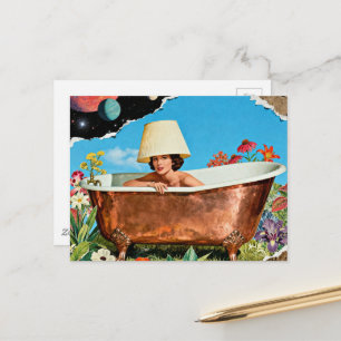 woman rustic copper bathtub flowers collage postcard