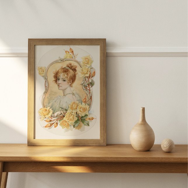 Woman’s Portrait Enframed with Yellow Roses Poster (Creator Uploaded)
