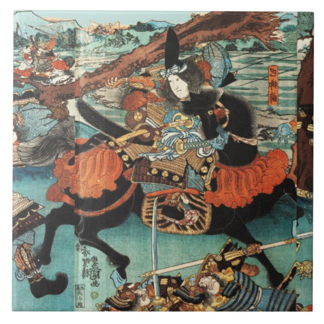 WOMAN SAMURAI TOMOE GOZEN HORSEBACK IN THE BATTLE CERAMIC TILE (Front)