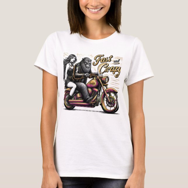 Woman Sasquatch Yeti bigfoot on Motorcycle T-Shirt (Front)