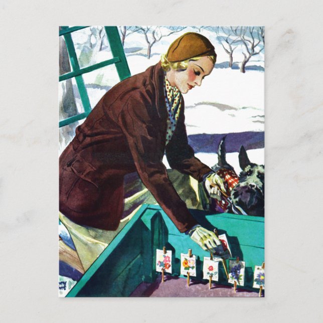 Woman & Scottie Dog Planting Seeds Holiday Postcar Postcard (Front)