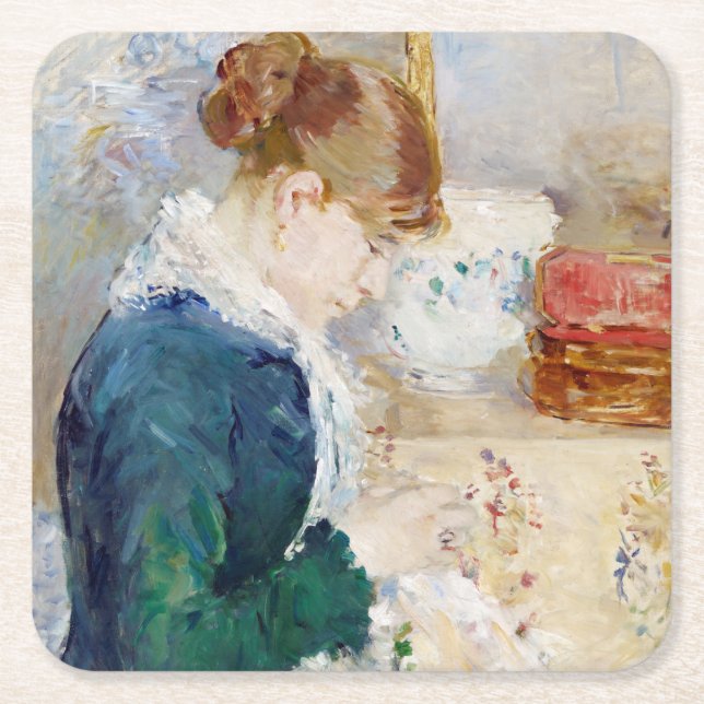 Woman Sewing, Berthe Morisot Square Paper Coaster (Front)
