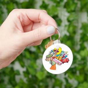 Woman Shopping Lots Of Purchases Keychain