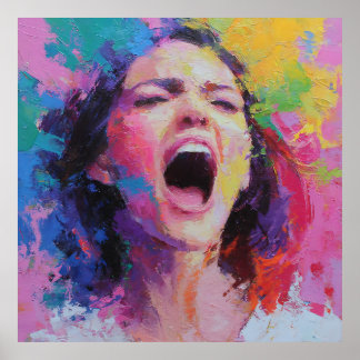 Woman Shouting Abstract Colors Expressive Acrylic Poster